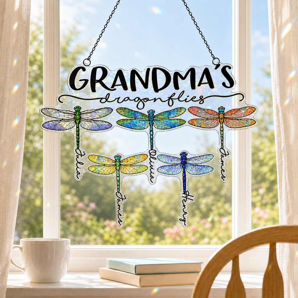 Personalized Grandma's Dragonflies Holographic Acrylic Suncatcher