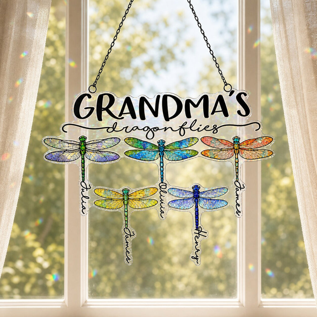 Personalized Grandma's Dragonflies Holographic Acrylic Suncatcher