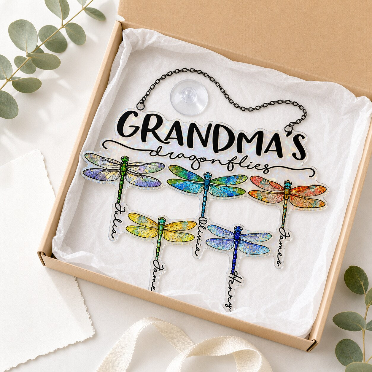 Personalized Grandma's Dragonflies Holographic Acrylic Suncatcher