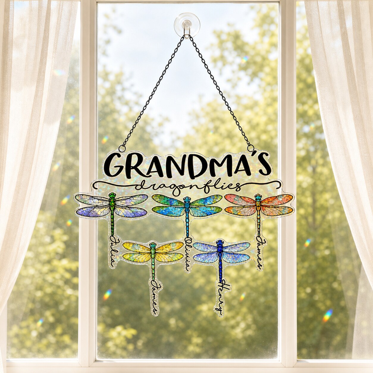 Personalized Grandma's Dragonflies Holographic Acrylic Suncatcher