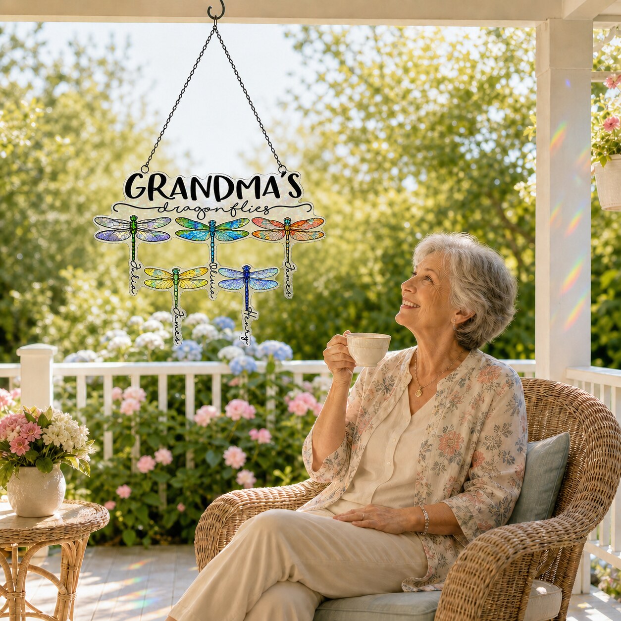Personalized Grandma's Dragonflies Holographic Acrylic Suncatcher