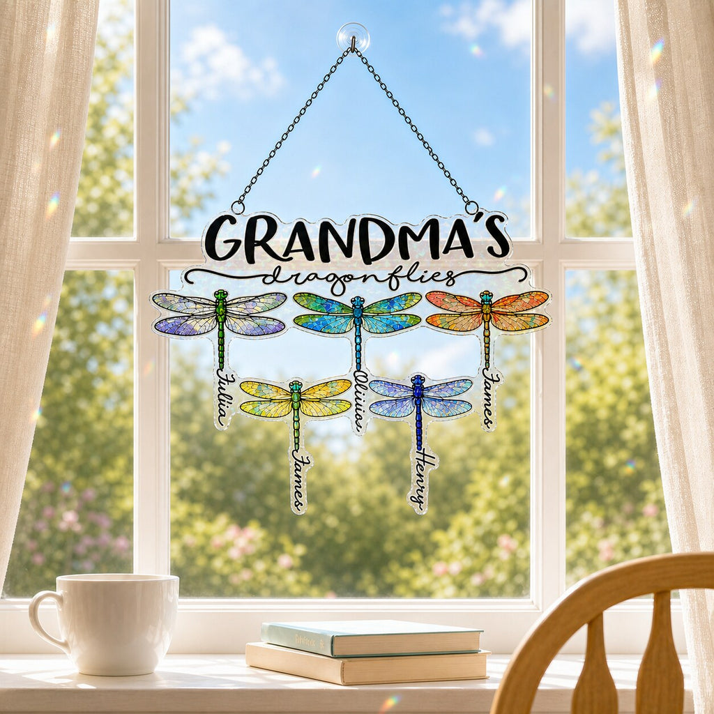Personalized Grandma's Dragonflies Holographic Acrylic Suncatcher