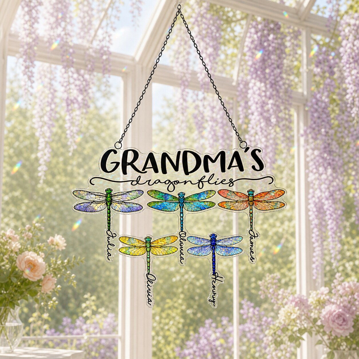 Personalized Grandma's Dragonflies Holographic Acrylic Suncatcher