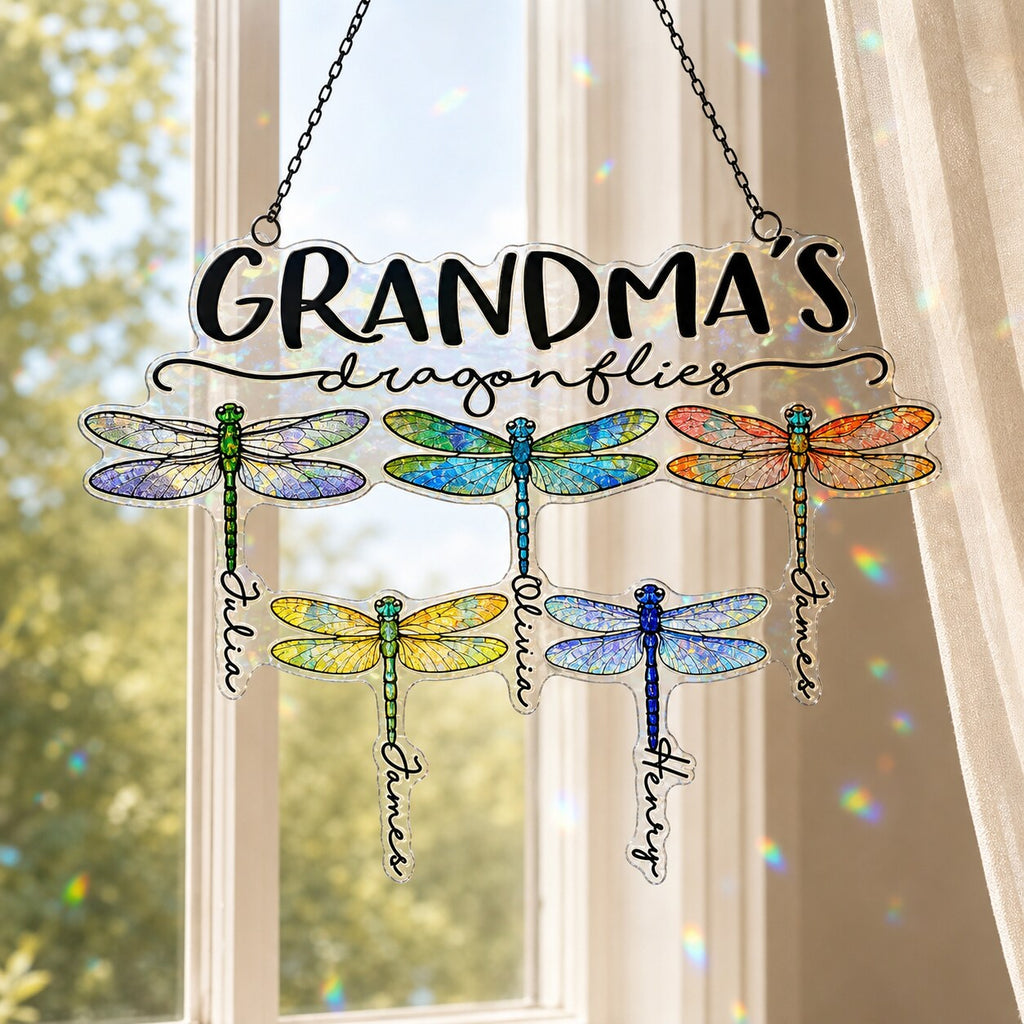Personalized Grandma's Dragonflies Holographic Acrylic Suncatcher