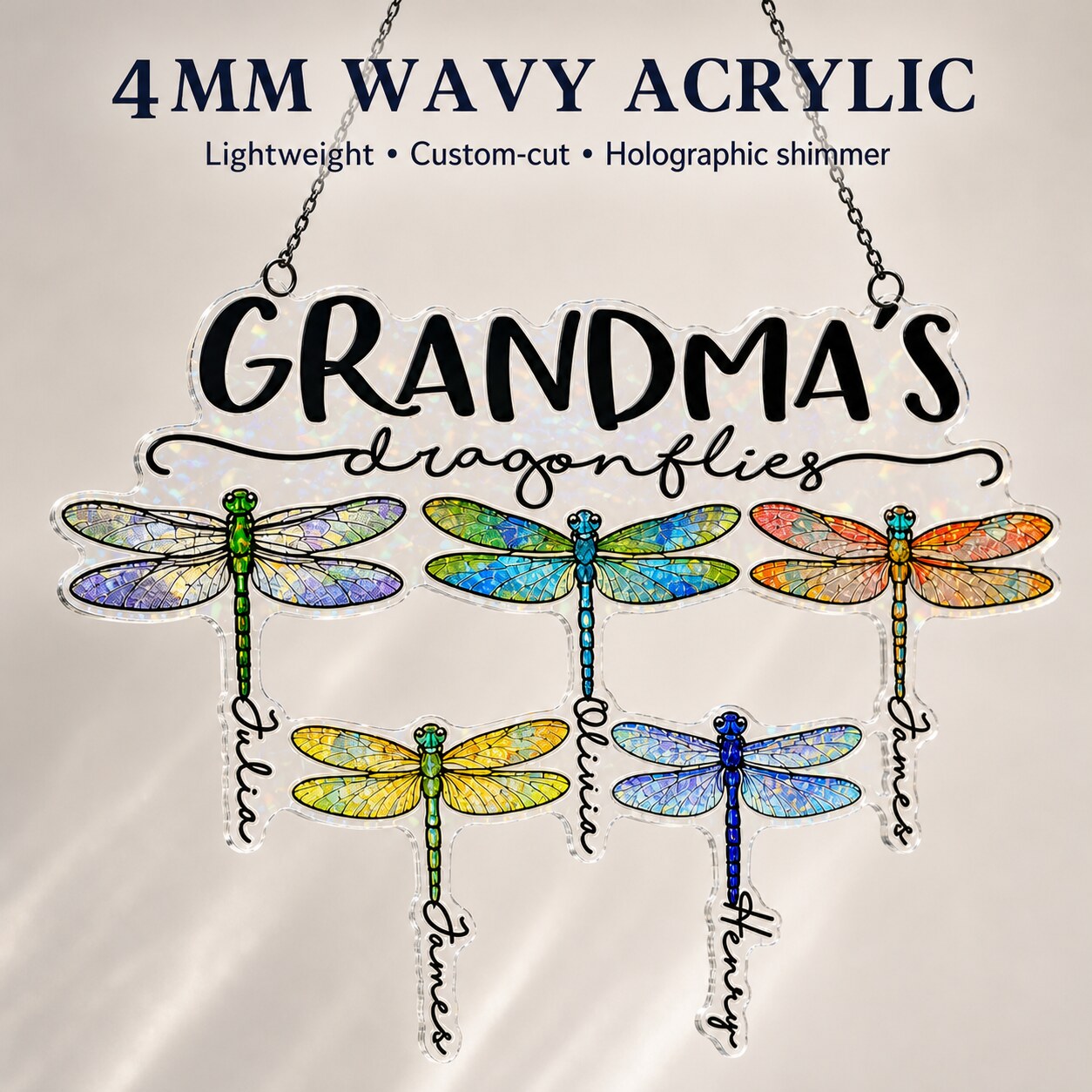 Personalized Grandma's Dragonflies Holographic Acrylic Suncatcher