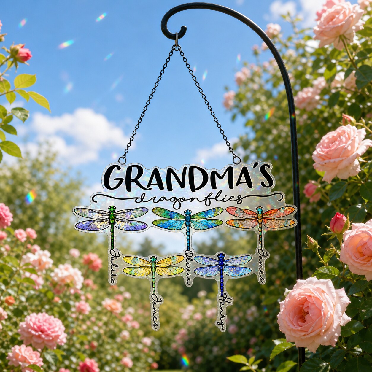 Personalized Grandma's Dragonflies Holographic Acrylic Suncatcher