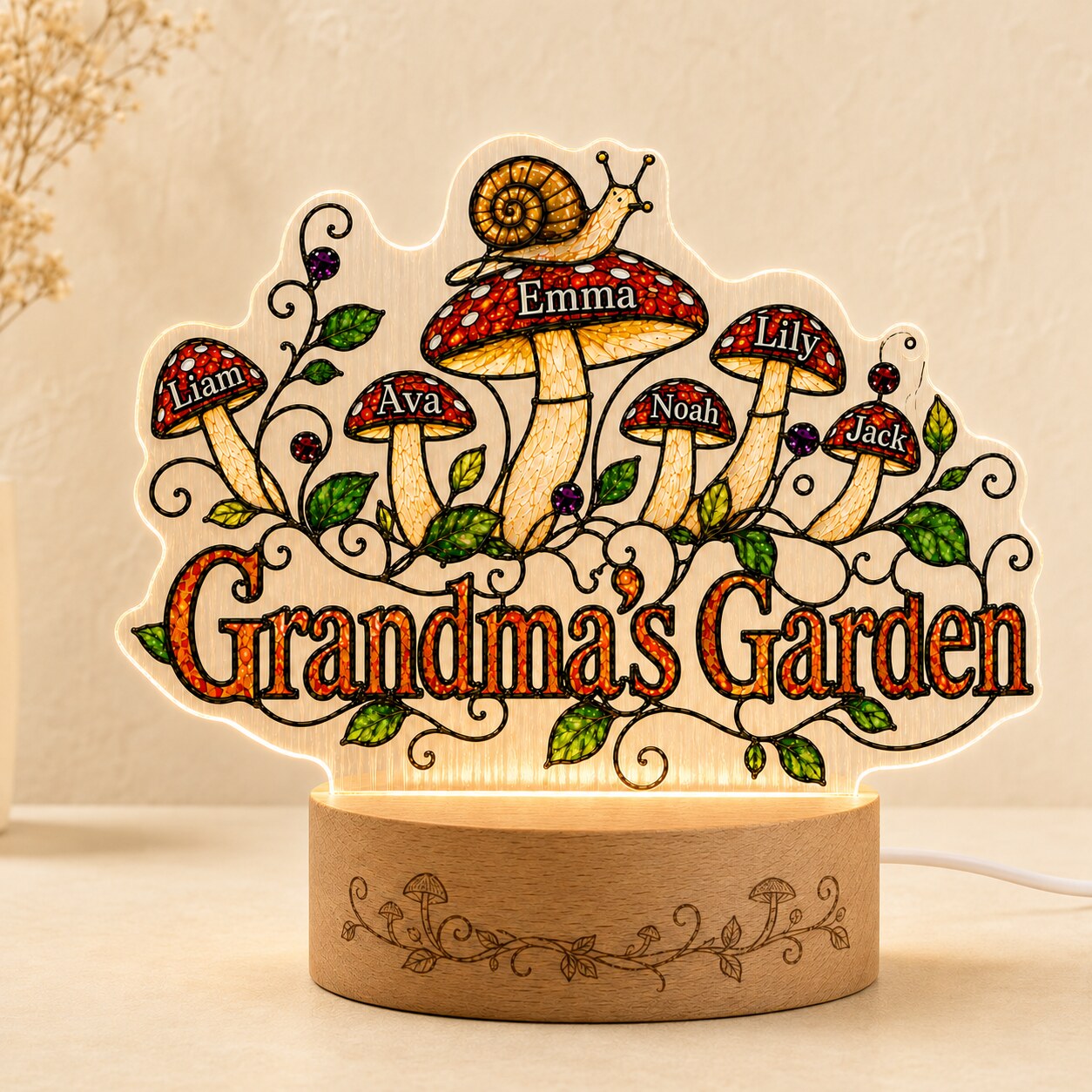 Personalized Grandma's Garden Mushroom Wavy Acrylic Night Light