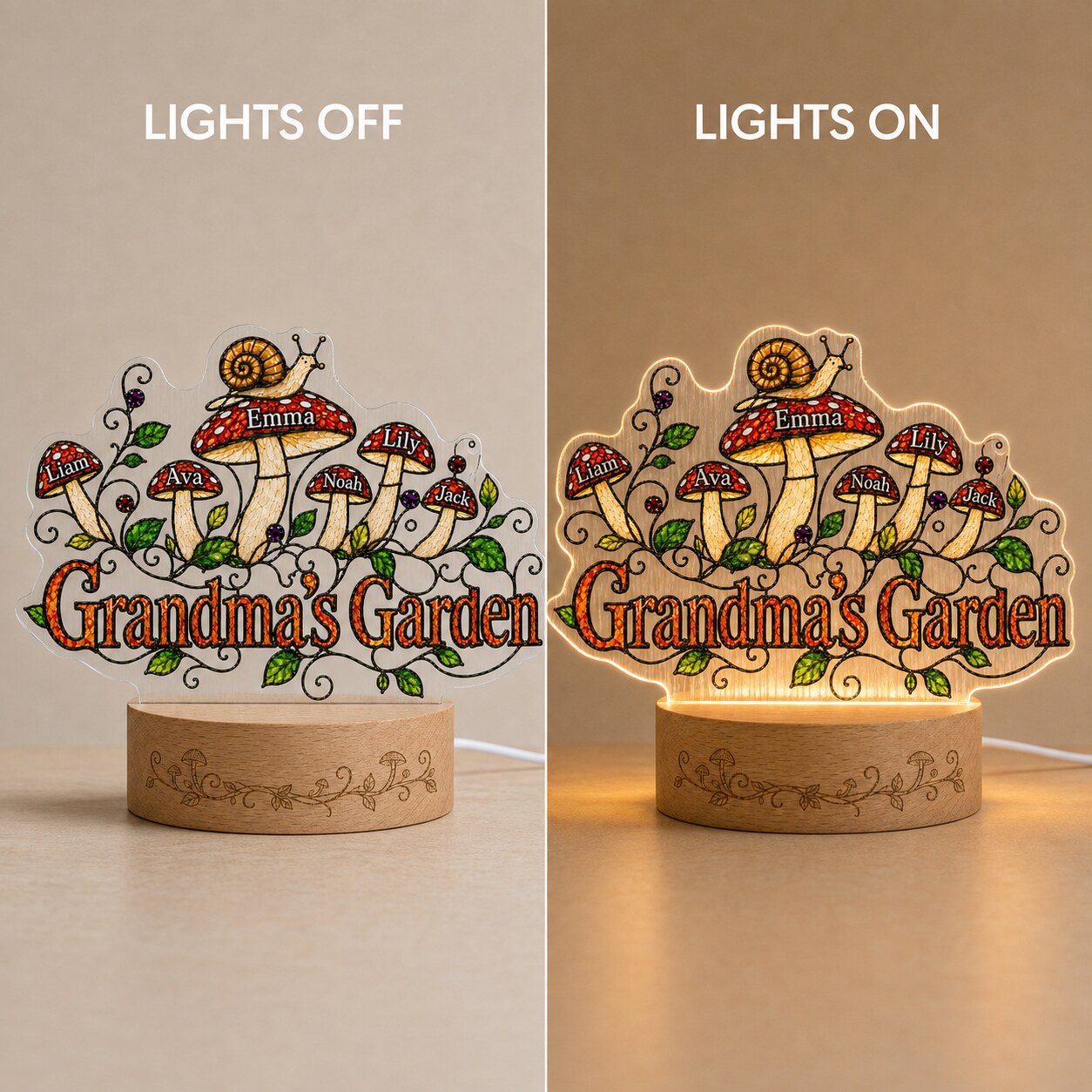 Personalized Grandma's Garden Mushroom Wavy Acrylic Night Light