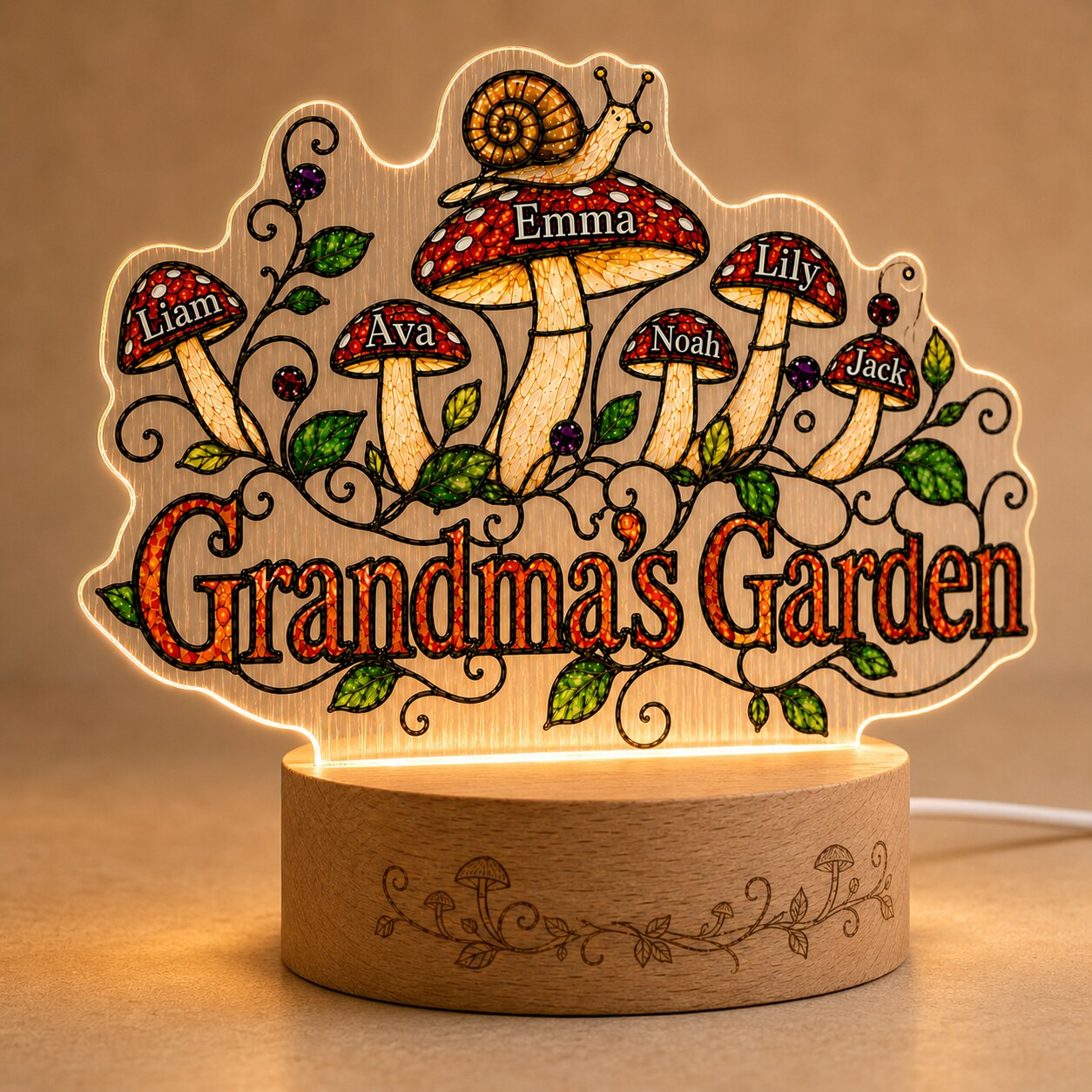 Personalized Grandma's Garden Mushroom Wavy Acrylic Night Light