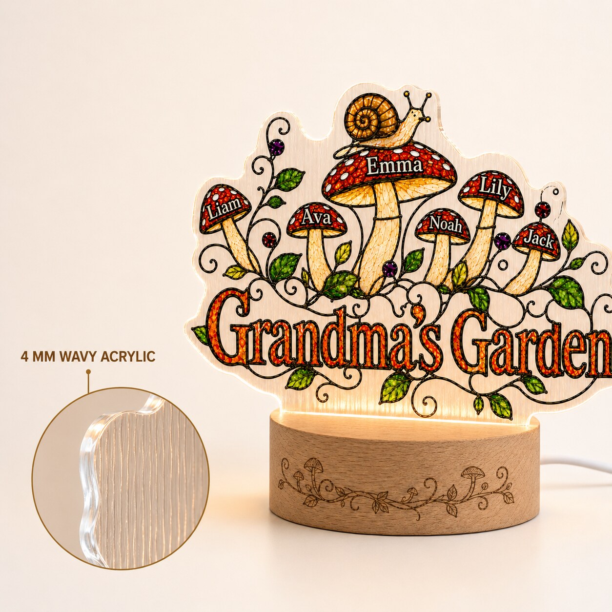 Personalized Grandma's Garden Mushroom Wavy Acrylic Night Light