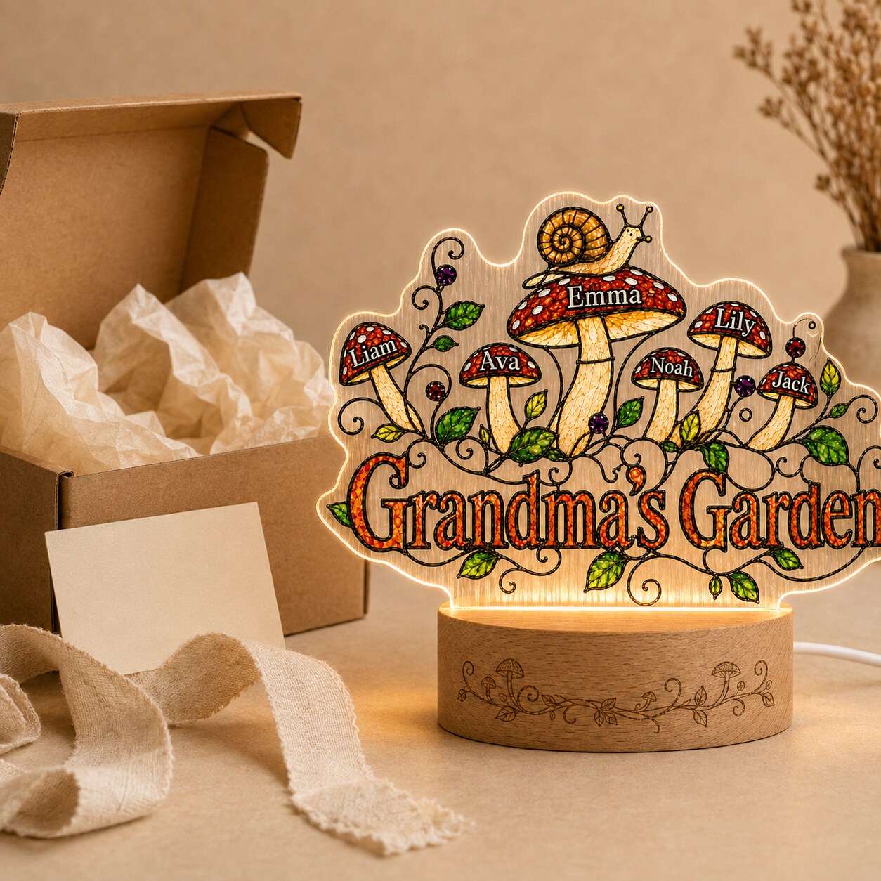 Personalized Grandma's Garden Mushroom Wavy Acrylic Night Light