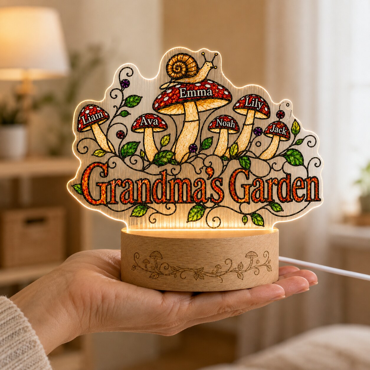 Personalized Grandma's Garden Mushroom Wavy Acrylic Night Light