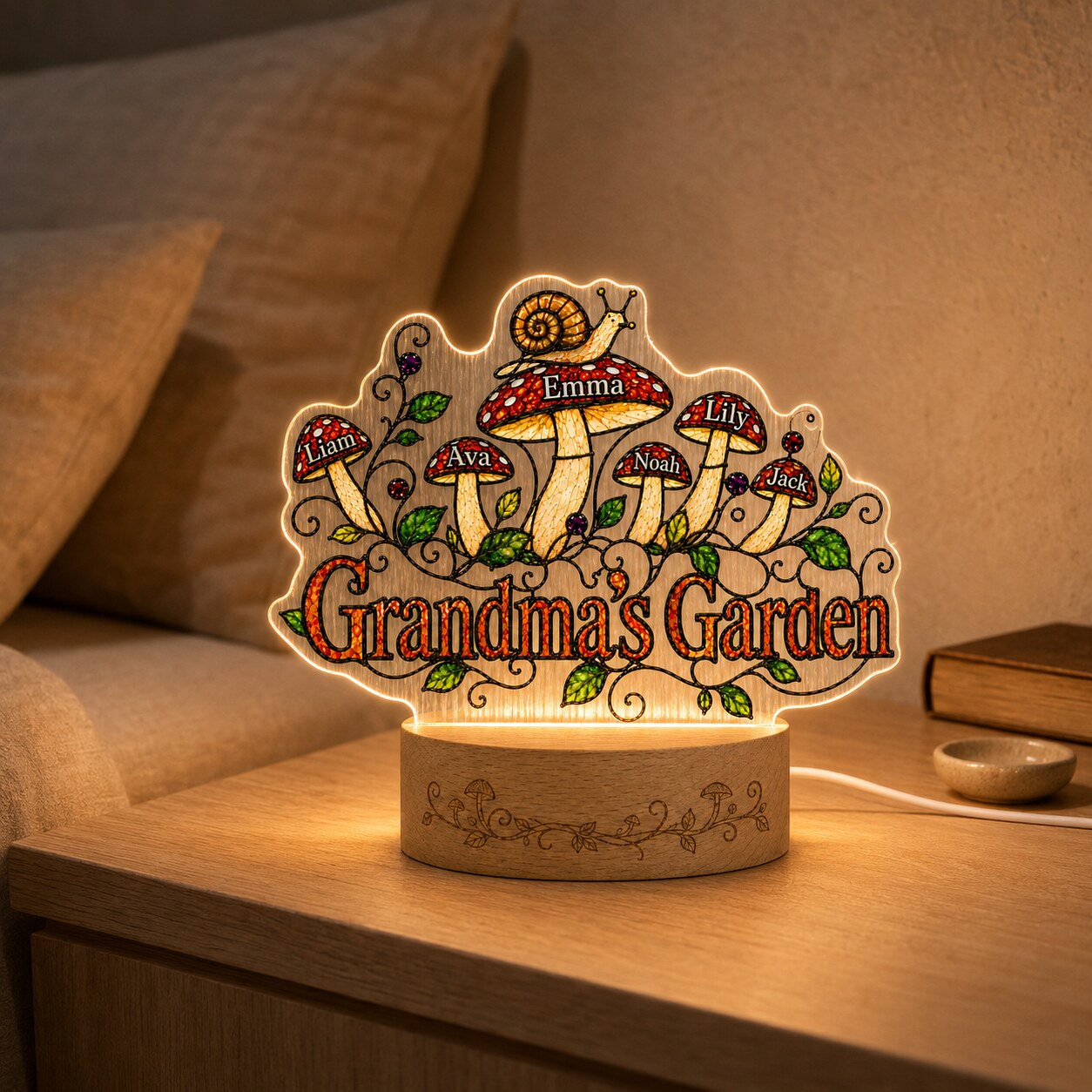 Personalized Grandma's Garden Mushroom Wavy Acrylic Night Light
