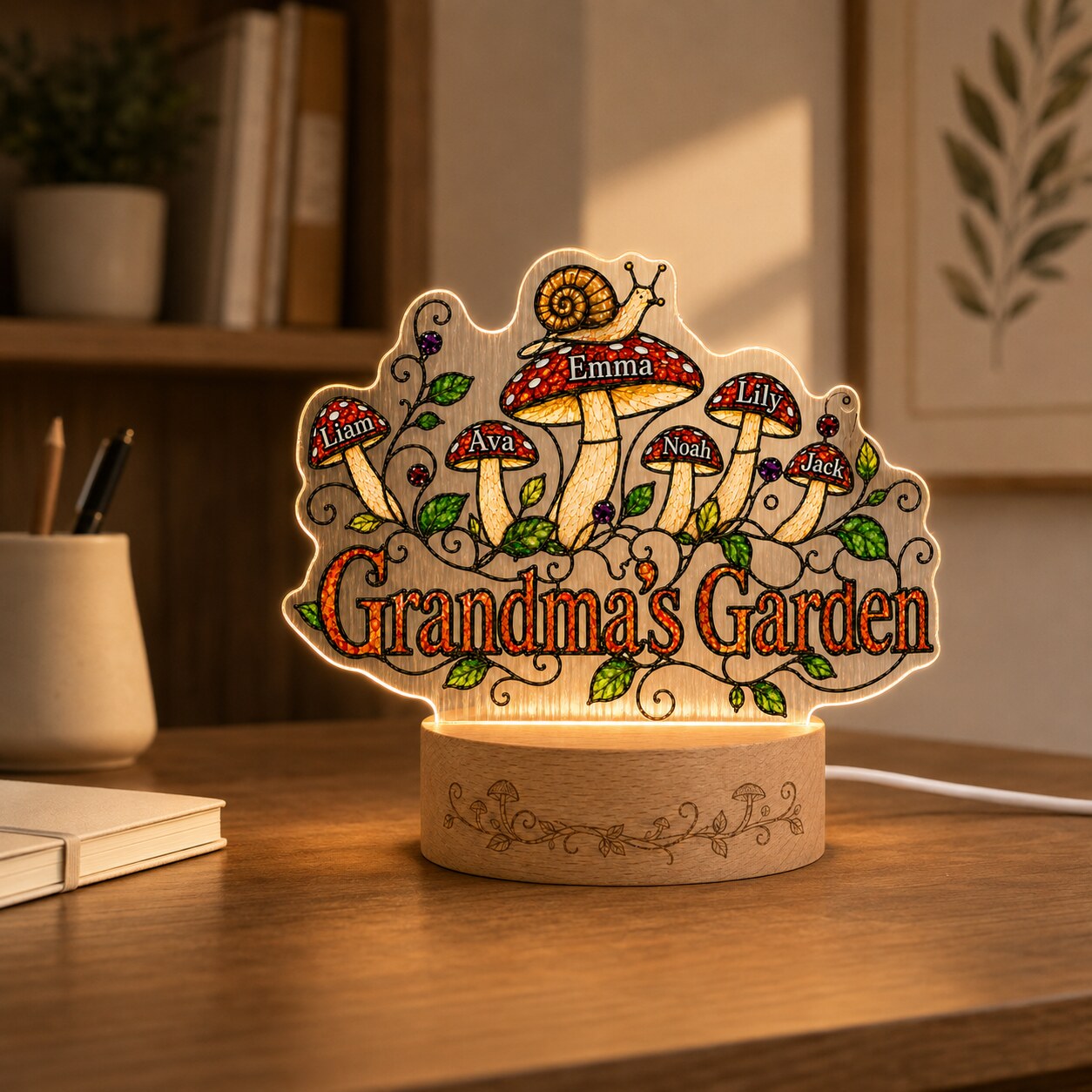 Personalized Grandma's Garden Mushroom Wavy Acrylic Night Light
