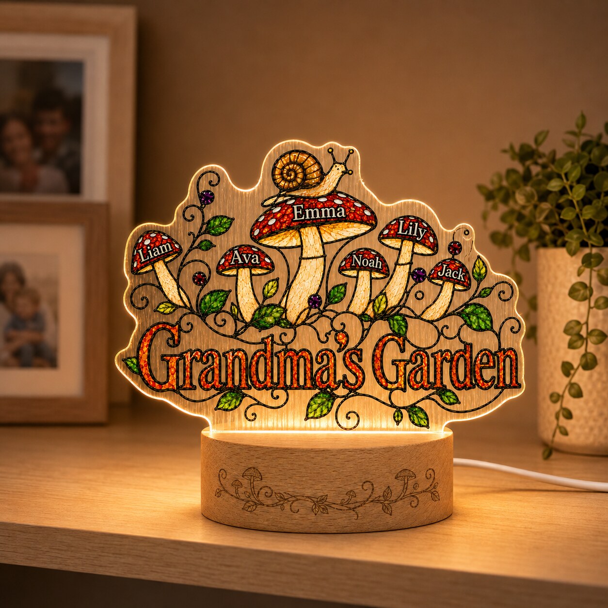 Personalized Grandma's Garden Mushroom Wavy Acrylic Night Light