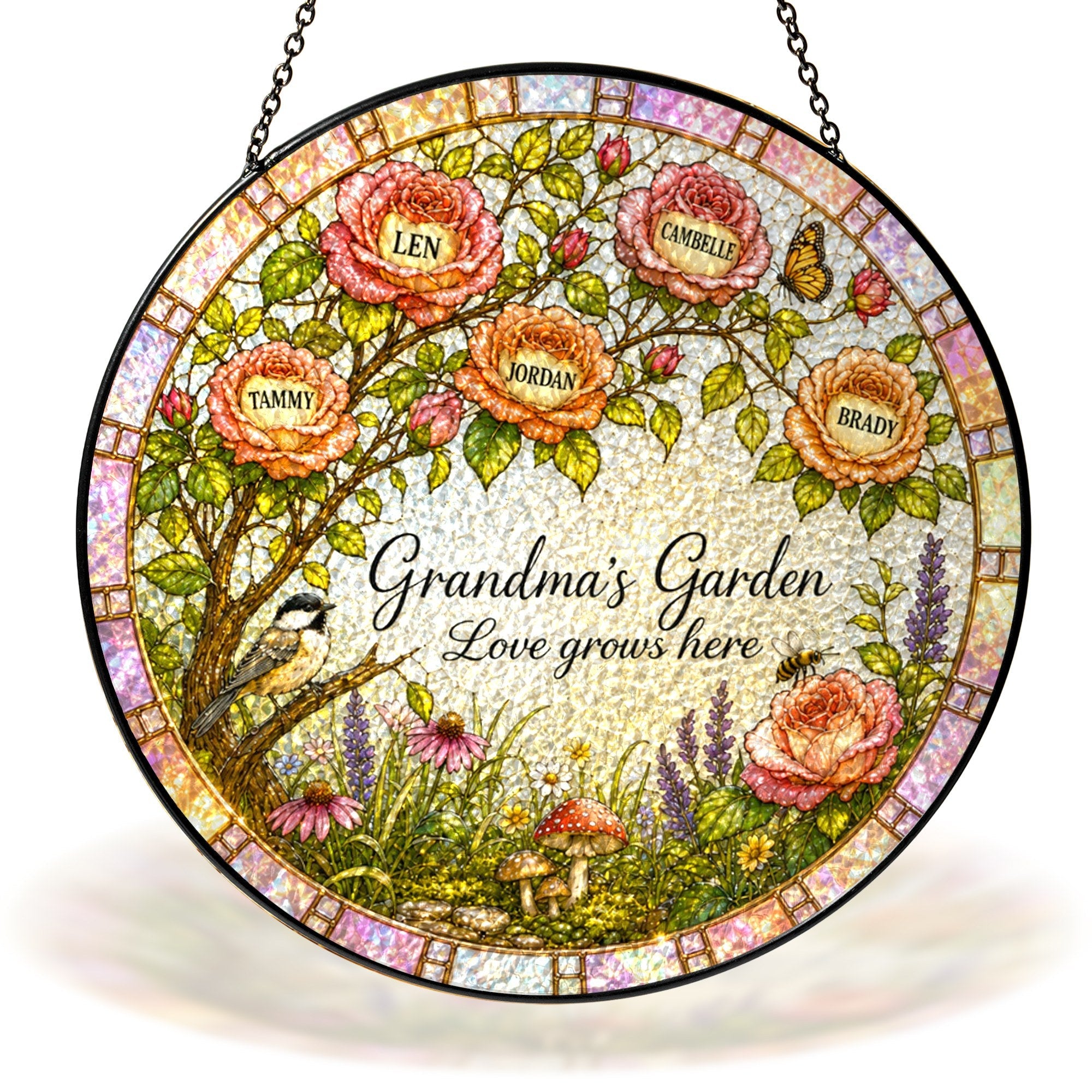 Personalized Grandma's Garden rose tree stained glass suncatcher with grandkids names
