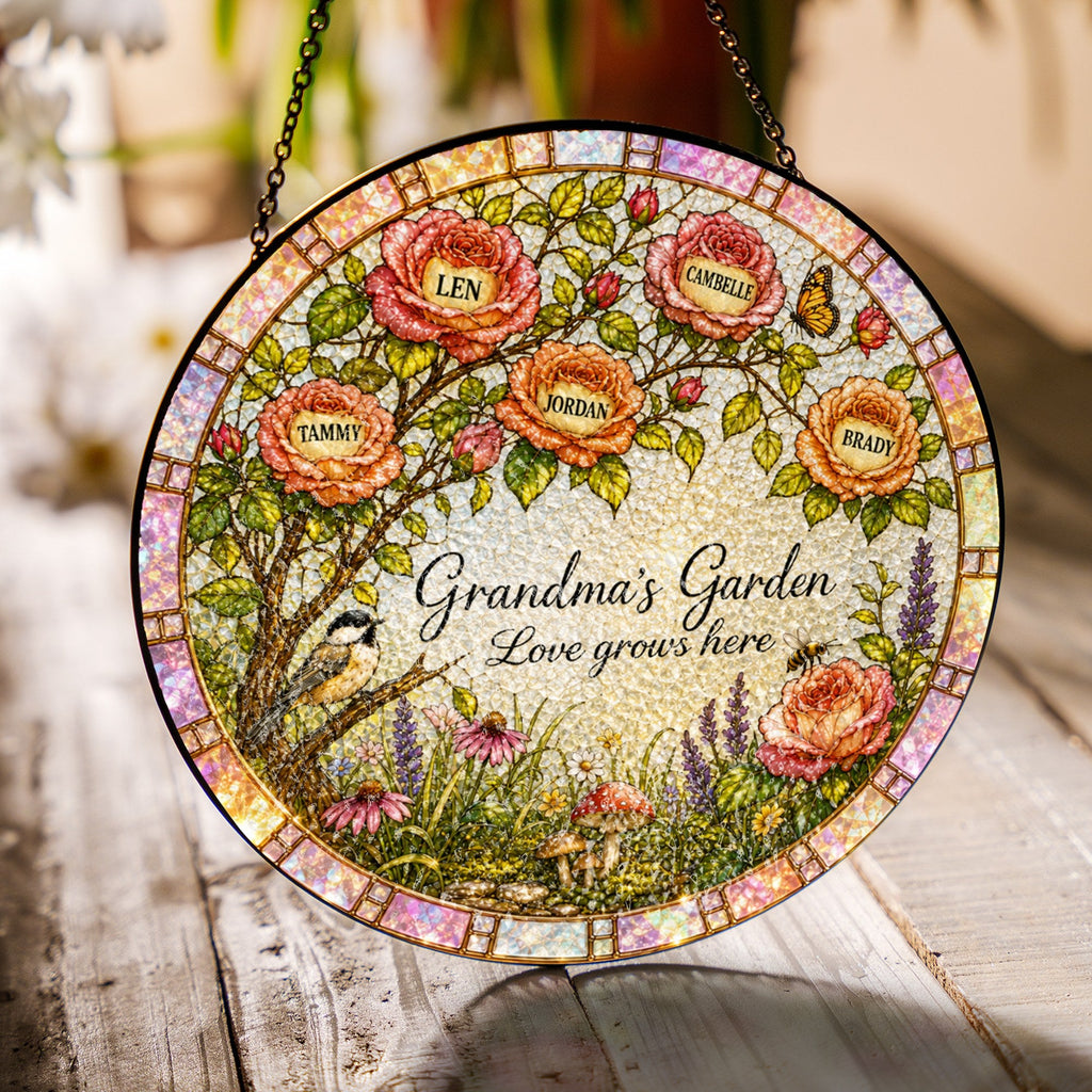 Grandma's Garden rose tree suncatcher hanging in a sunny window casting rainbows