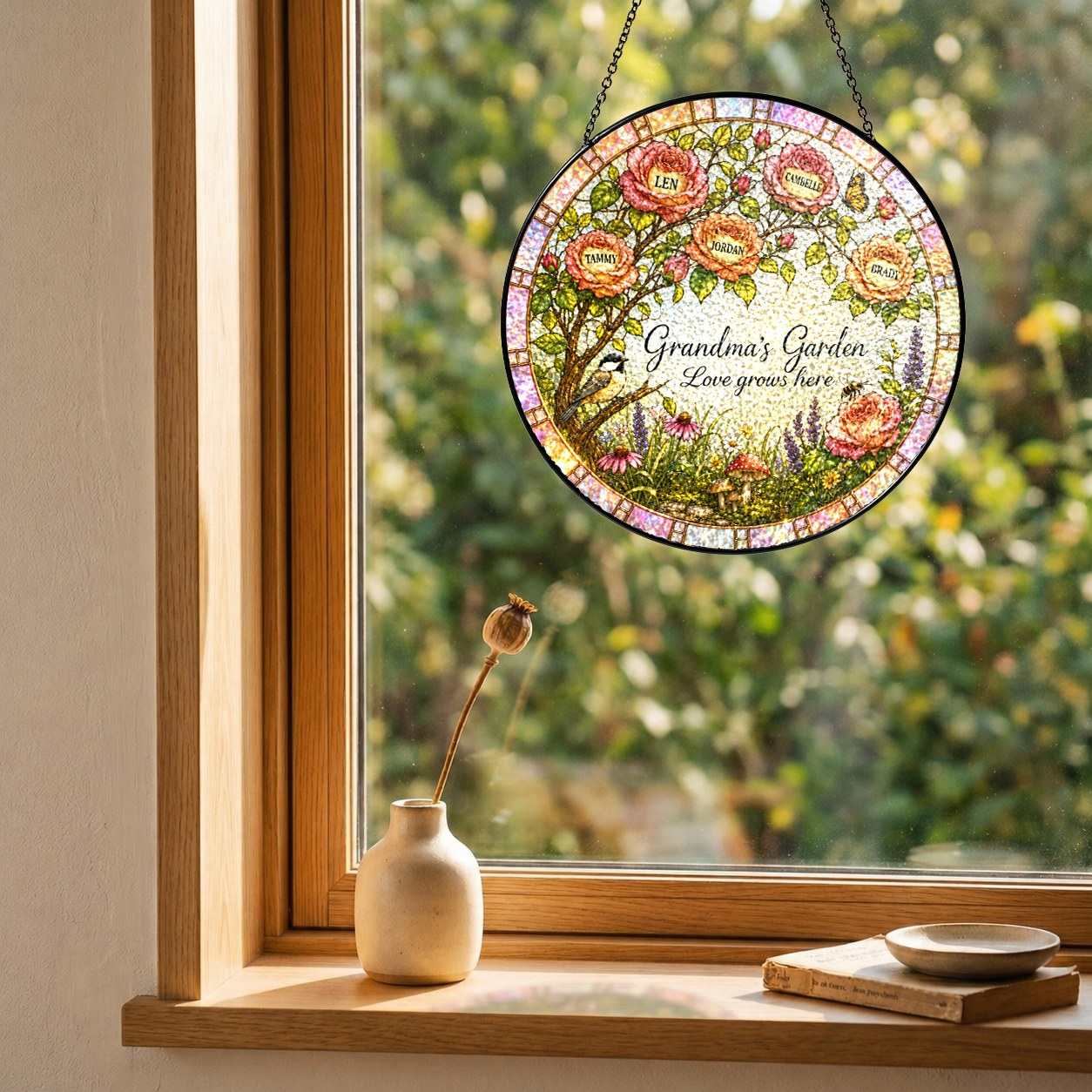 Rose tree suncatcher with custom names hanging in a wooden window frame