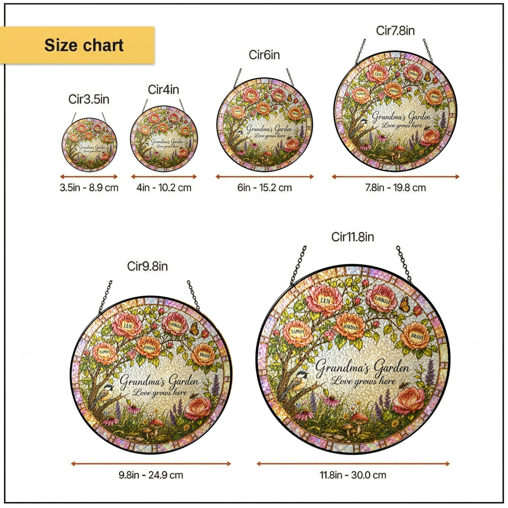 Size chart for the personalized rose tree stained glass suncatcher