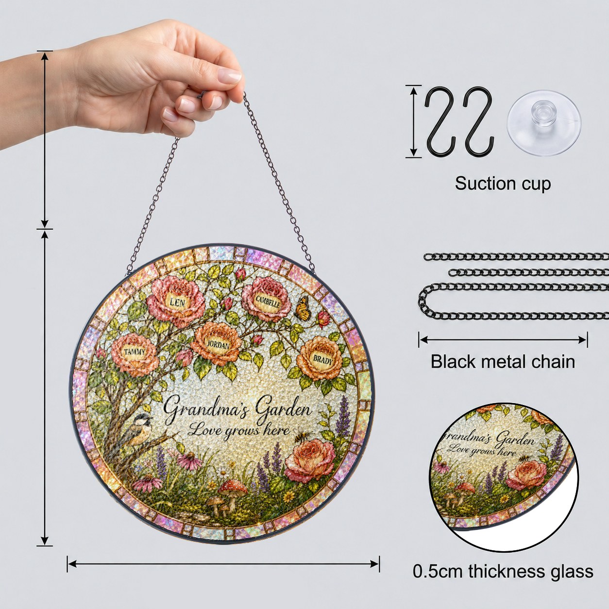 Suncatcher dimensions with included metal chain, S-hooks and suction cup