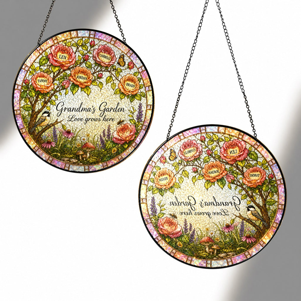 Front and back view of the personalized rose tree suncatcher
