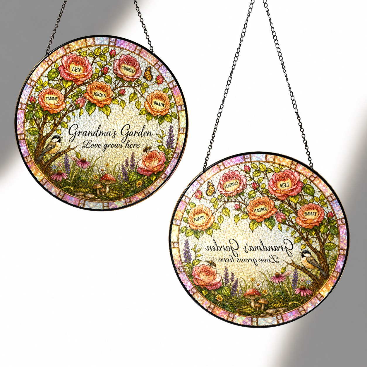 Front and back view of the personalized rose tree suncatcher