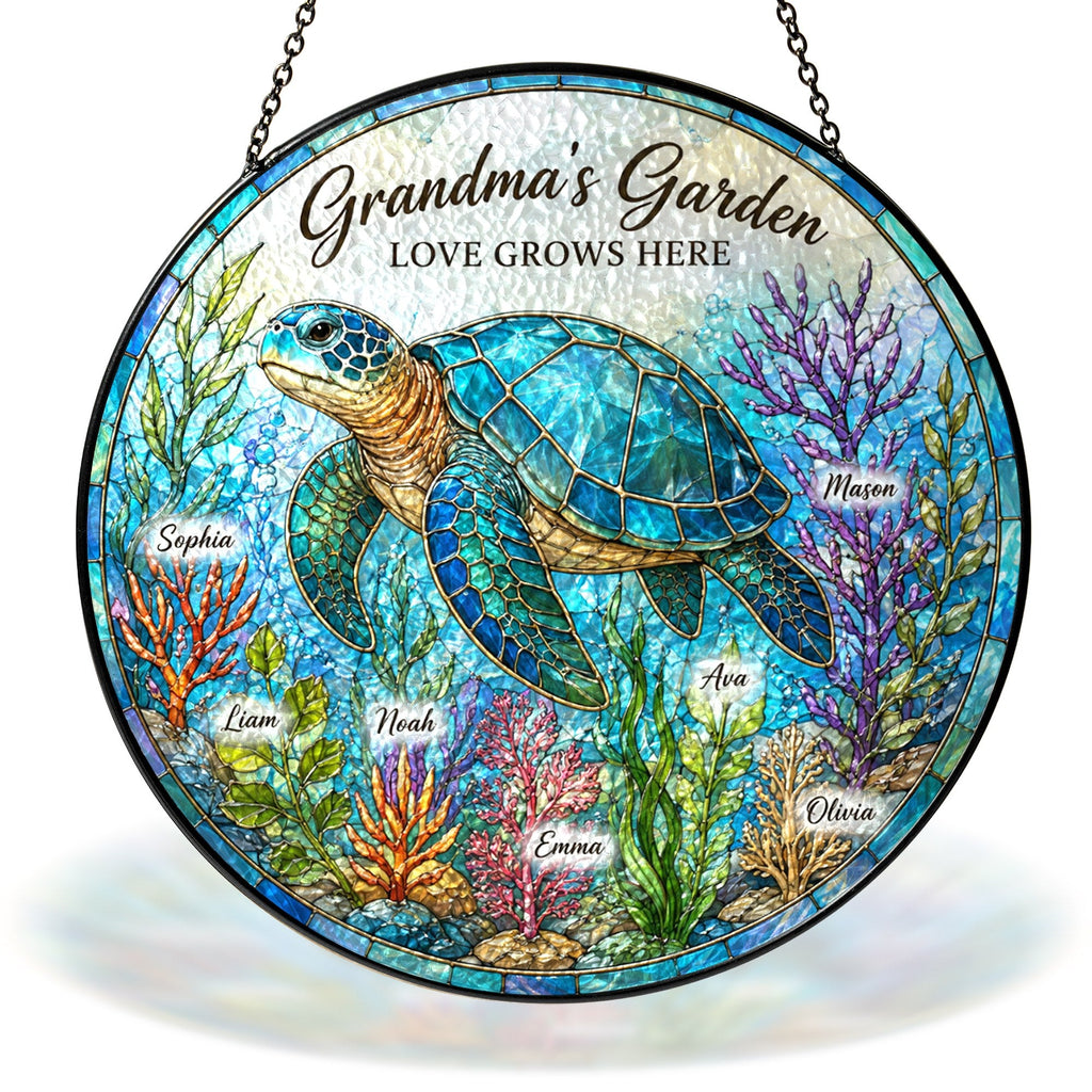 Personalized Grandma's Garden sea turtle stained glass suncatcher with grandkids names