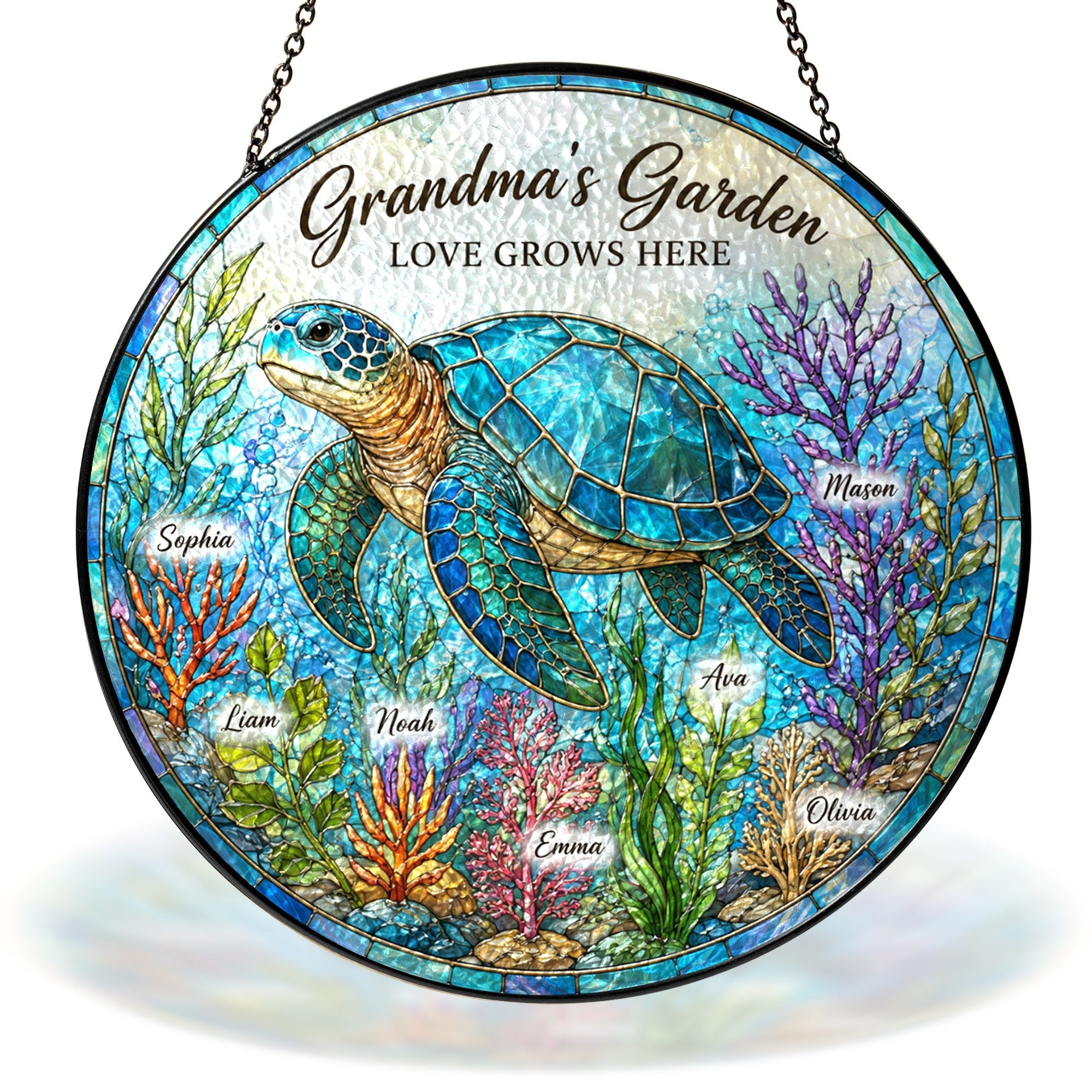 Personalized Grandma's Garden sea turtle stained glass suncatcher with grandkids names