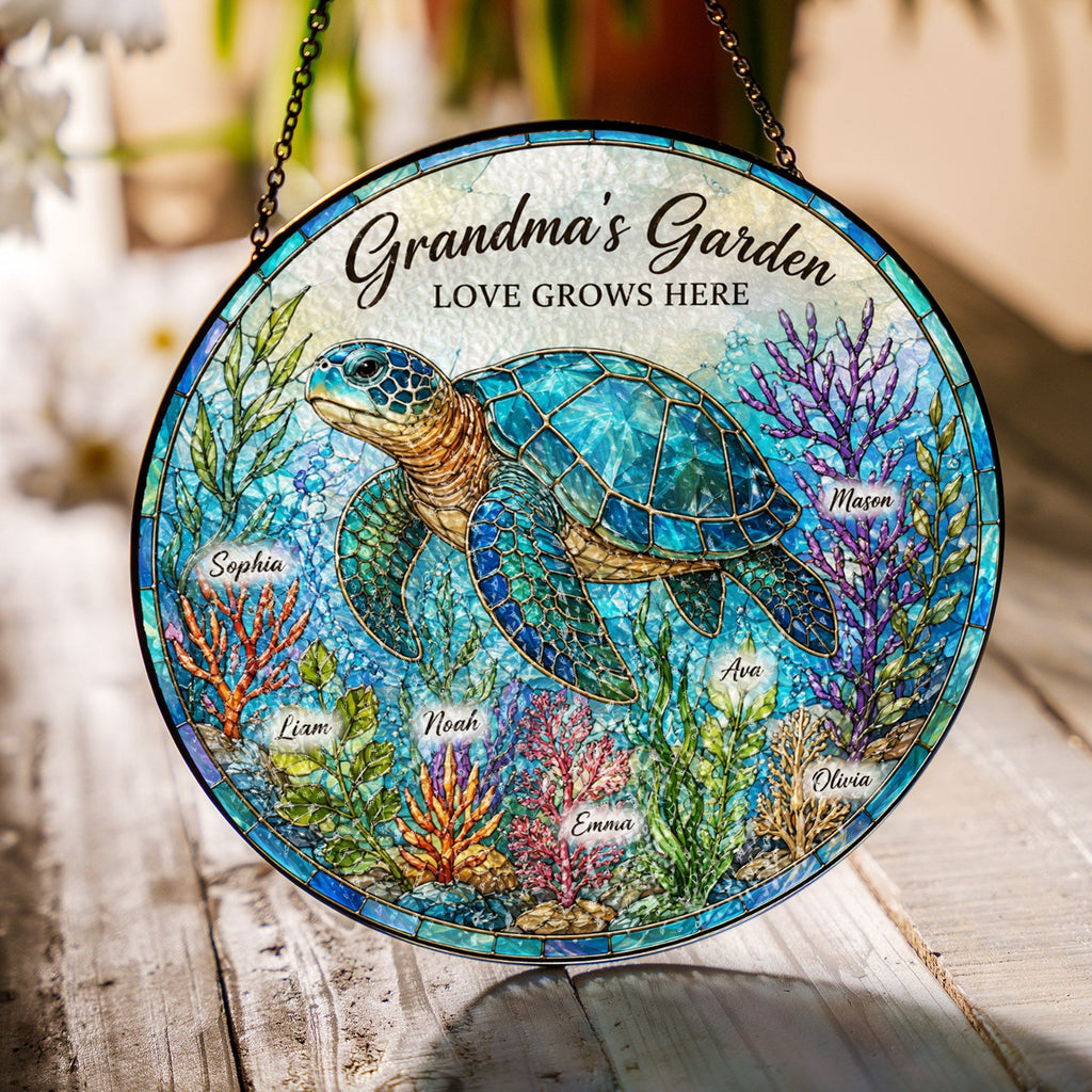 Grandma's Garden sea turtle suncatcher hanging in a sunny window casting rainbows