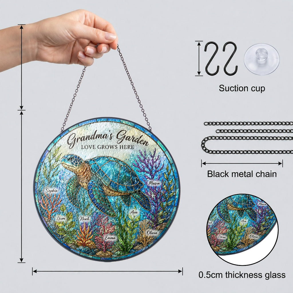 Suncatcher dimensions with included metal chain, S-hooks and suction cup