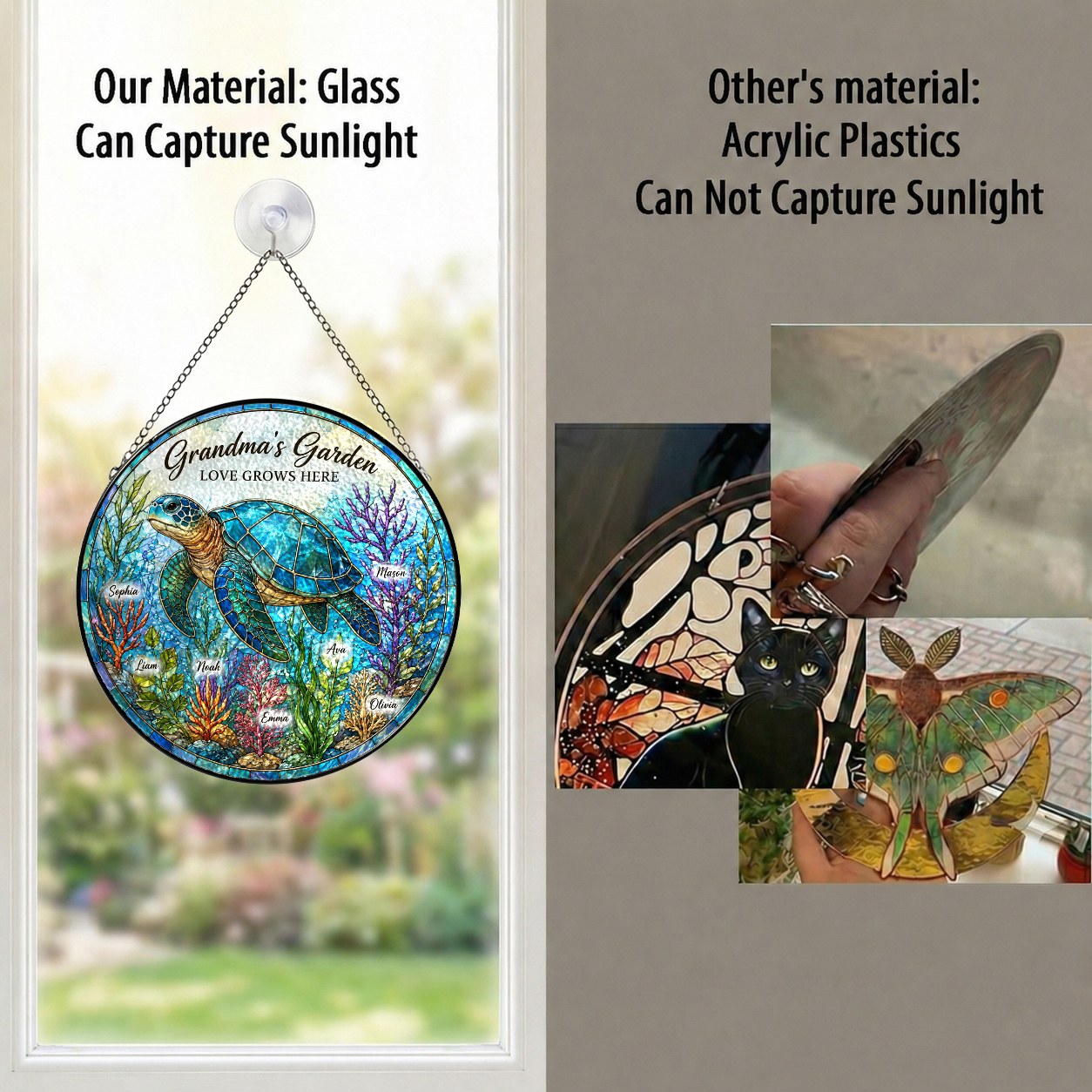 Real glass suncatcher compared with acrylic plastic suncatchers