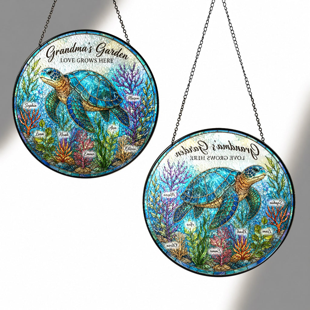 Front and back view of the personalized sea turtle suncatcher