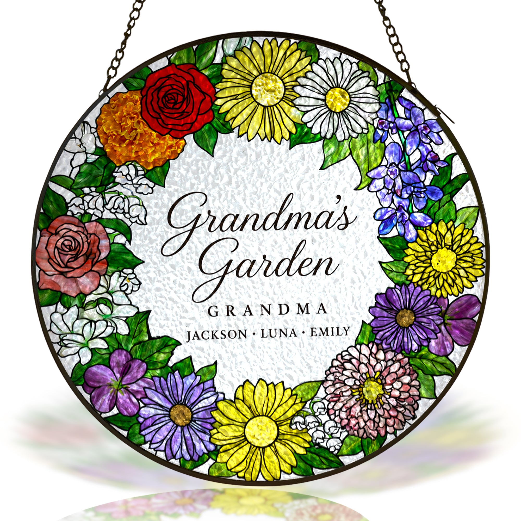 Personalized Grandma's Garden Floral Wreath Suncatcher on a white background
