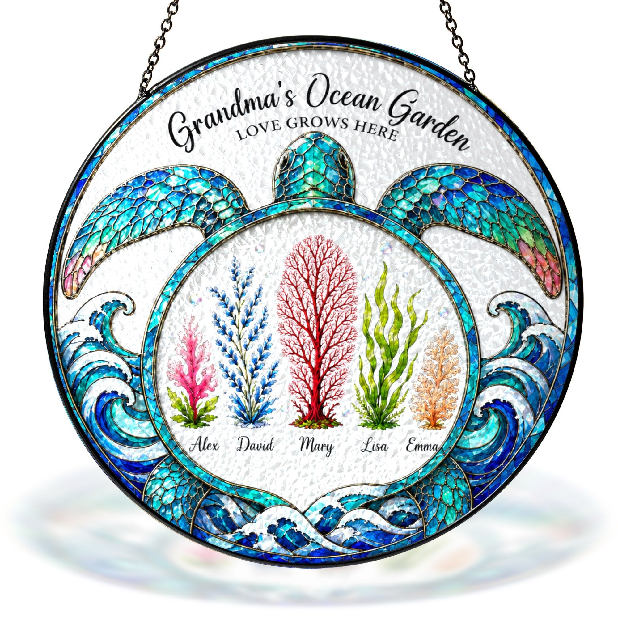 Personalized Grandma's Ocean Garden turtle stained glass suncatcher with grandkids names