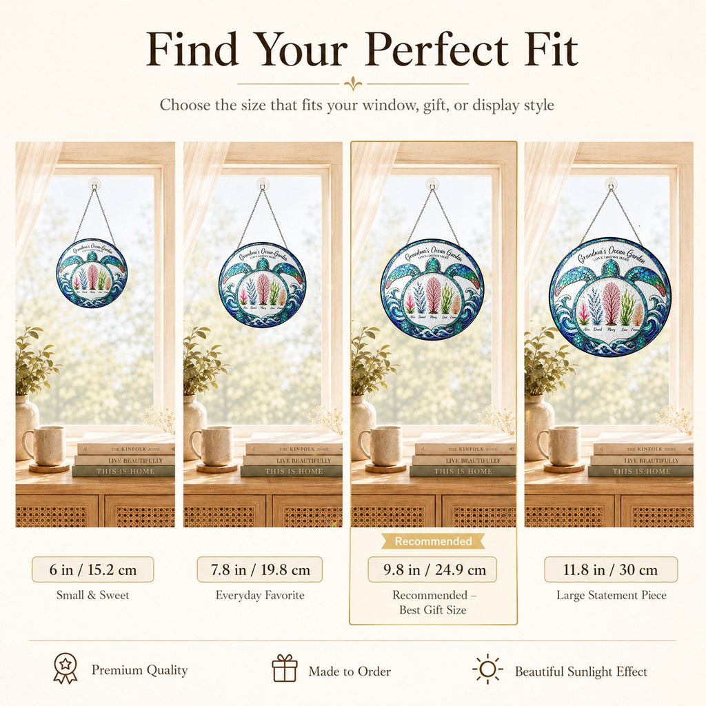 Size guide for the ocean garden turtle suncatcher in 6, 7.8, 9.8 and 11.8 inch
