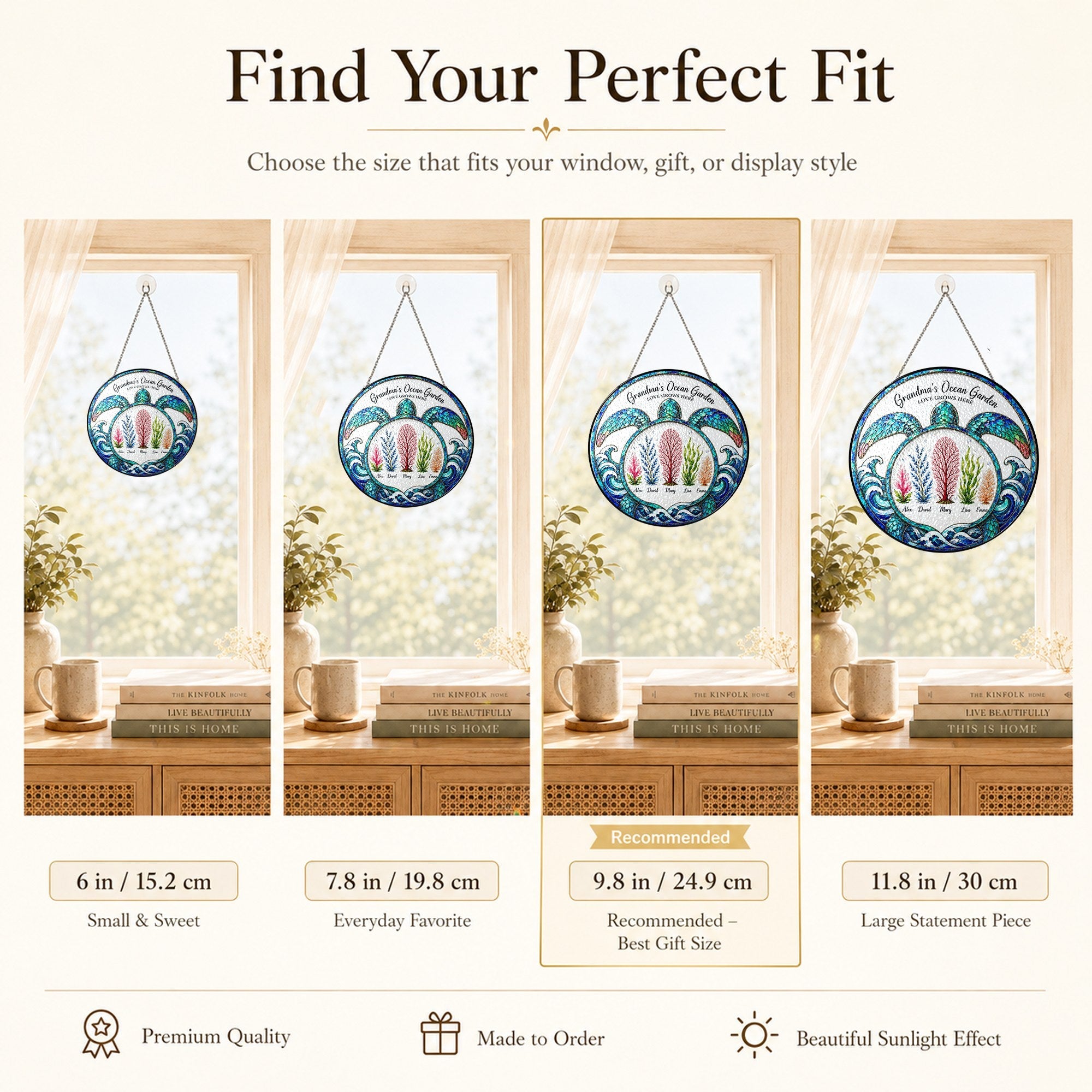 Size guide for the ocean garden turtle suncatcher in 6, 7.8, 9.8 and 11.8 inch