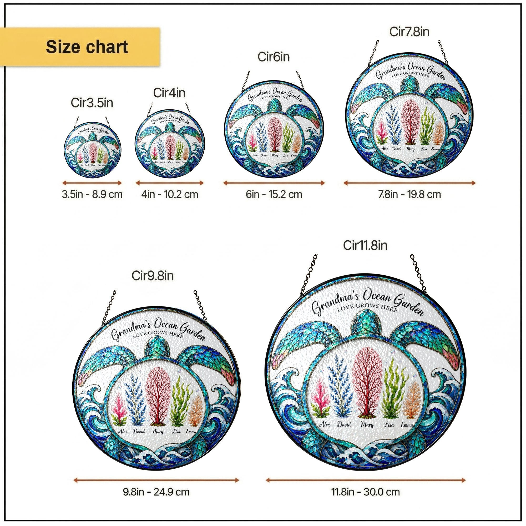 Size chart for the personalized ocean garden turtle stained glass suncatcher