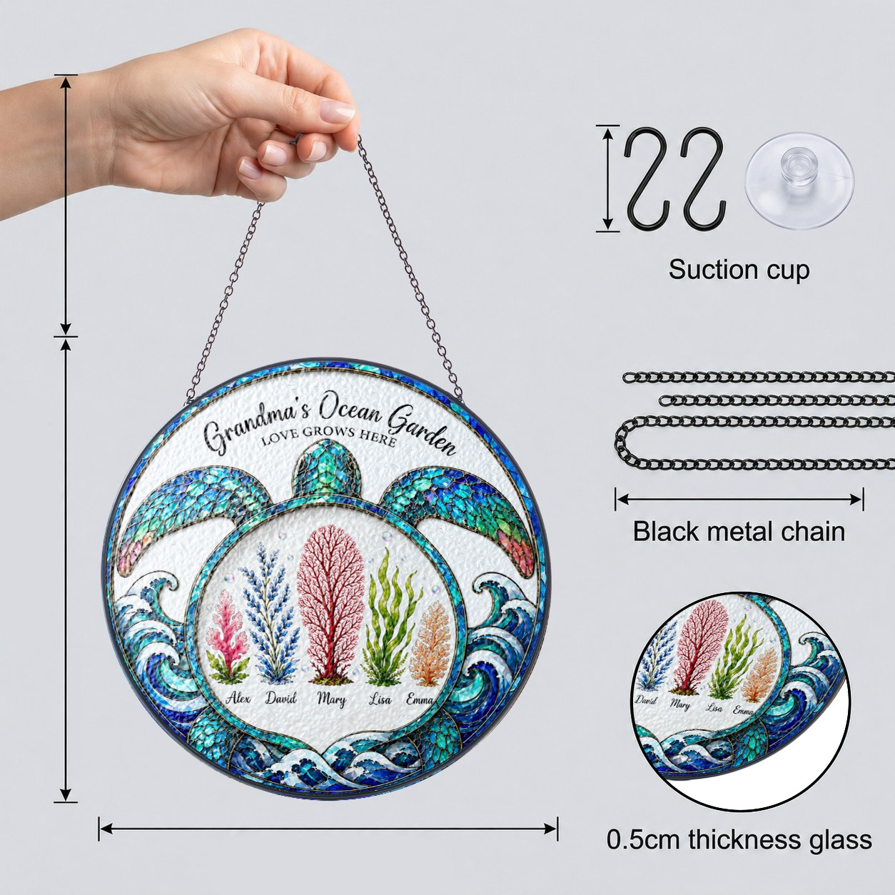Suncatcher dimensions with included metal chain, S-hooks and suction cup