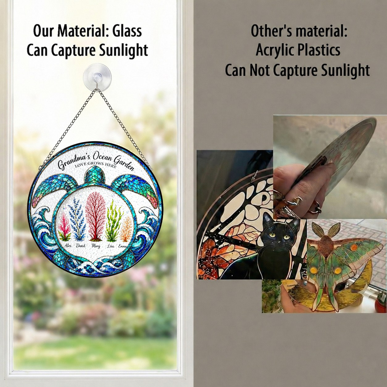 Real glass suncatcher compared with acrylic plastic suncatchers