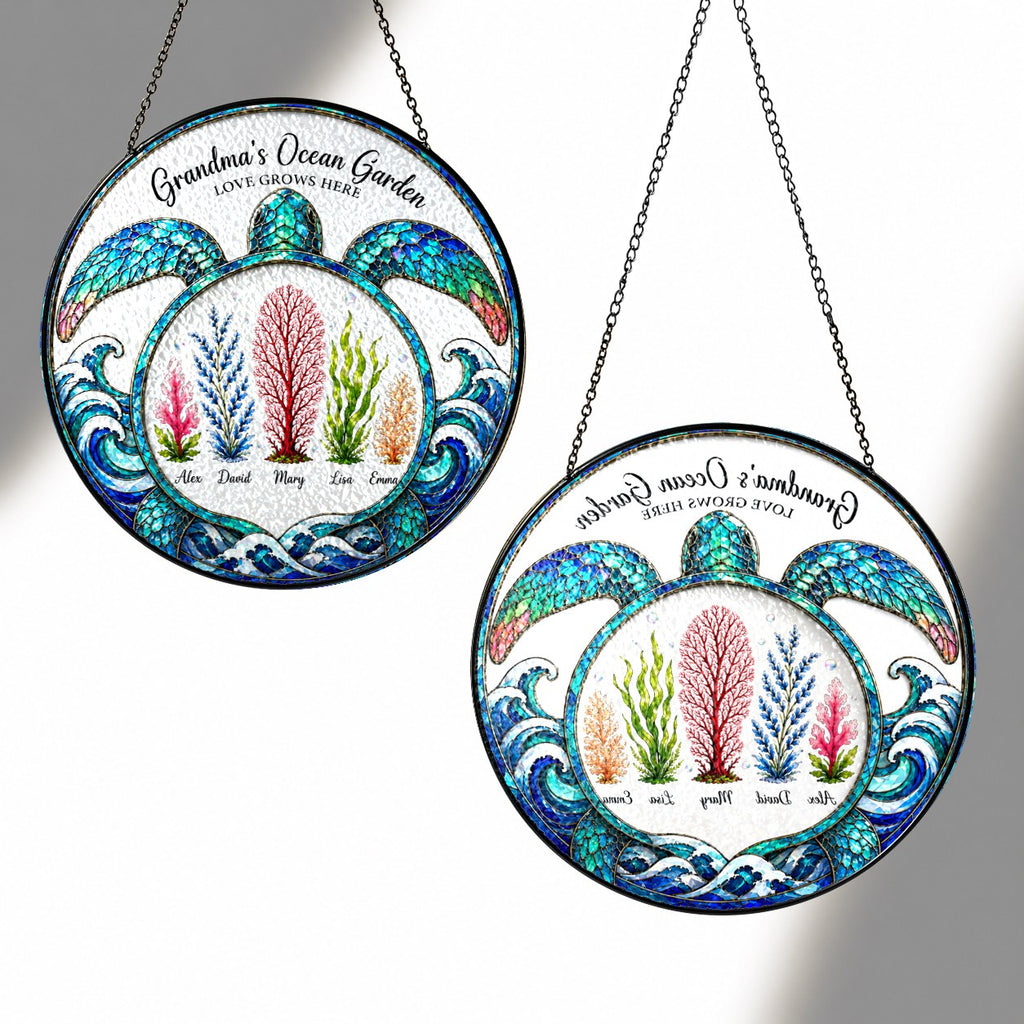 Front and back view of the personalized ocean garden turtle suncatcher