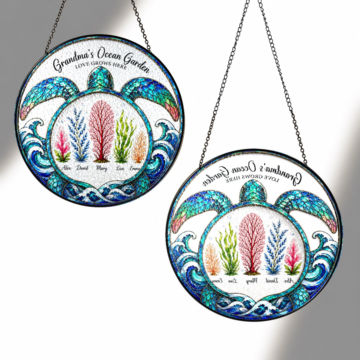 Front and back view of the personalized ocean garden turtle suncatcher