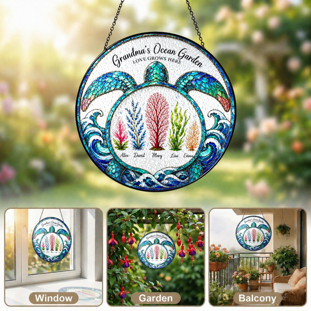 Turtle suncatcher displayed in a window, garden and balcony