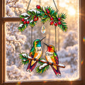 Personalized Hummingbird Couple on Holly Pine Branch Holographic Acrylic Suncatcher