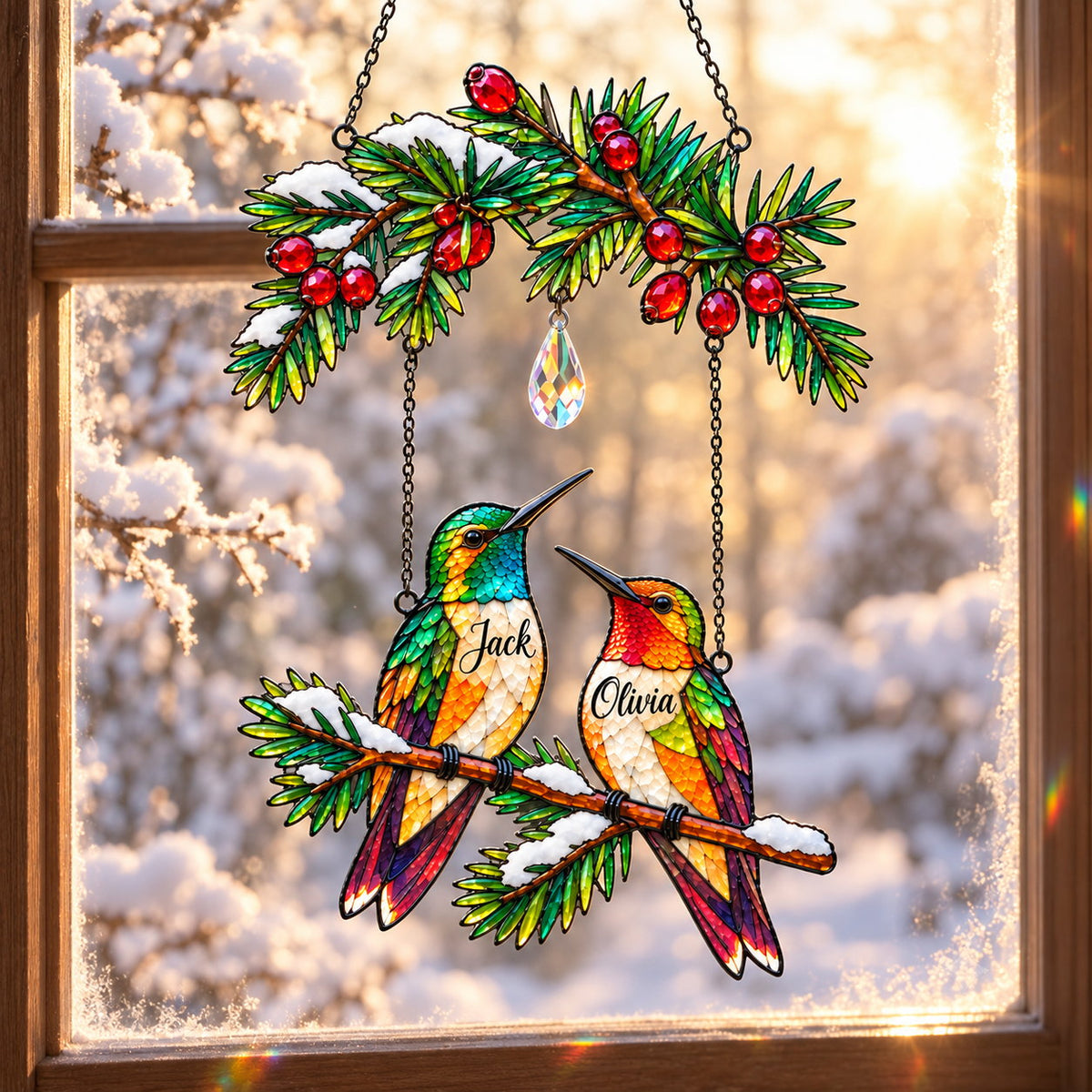 Personalized Hummingbird Couple on Holly Pine Branch Holographic Acrylic Suncatcher