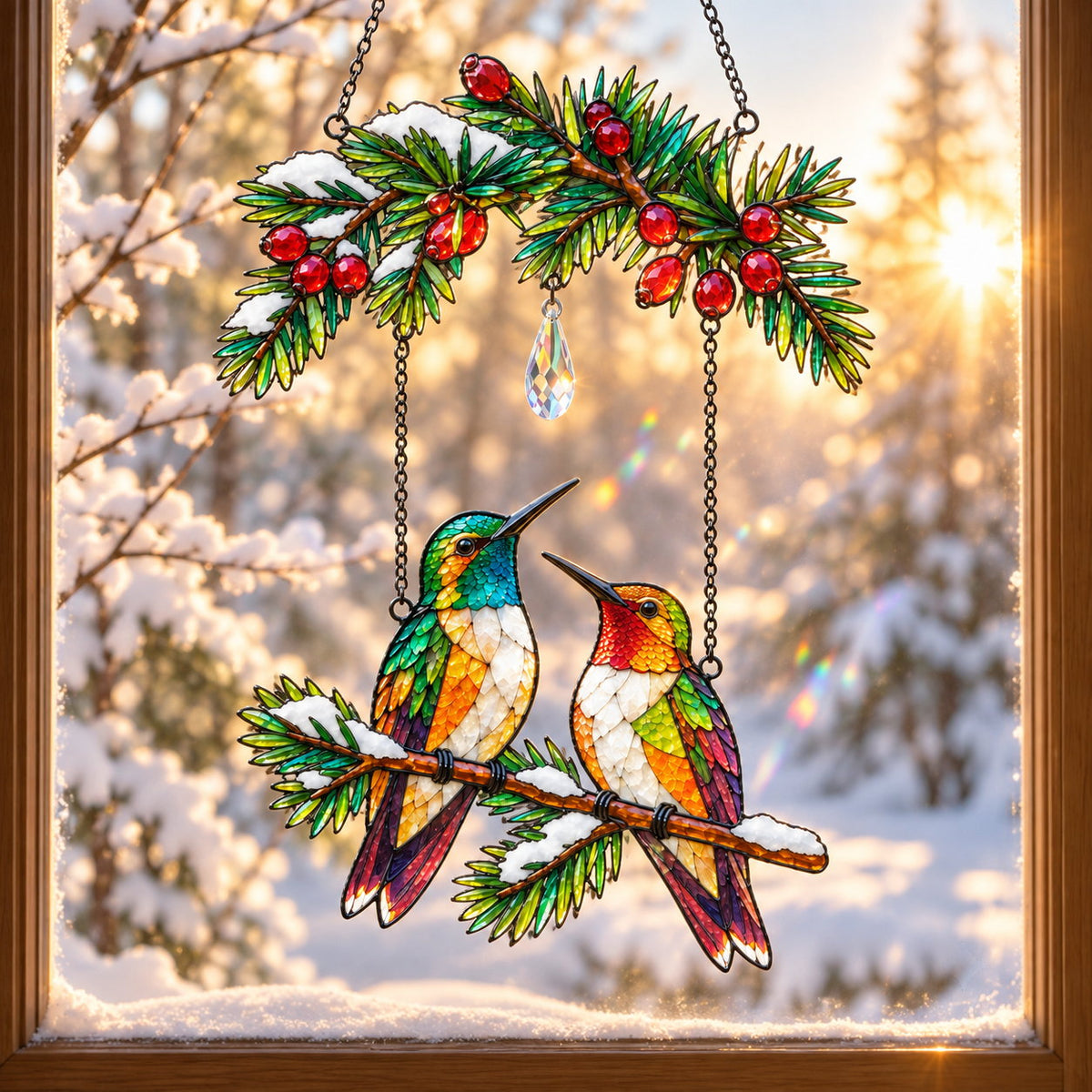 Personalized Hummingbird Couple on Holly Pine Branch Holographic Acrylic Suncatcher