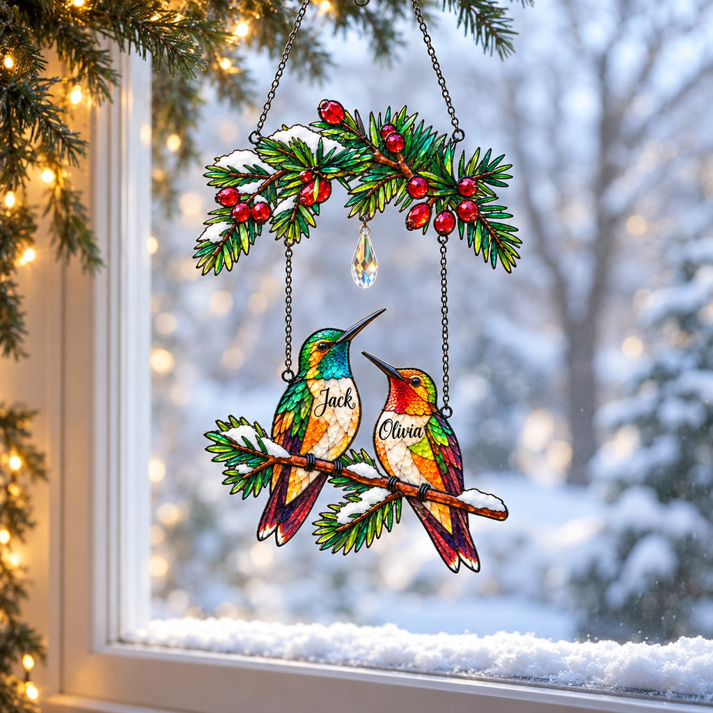 Personalized Hummingbird Couple on Holly Pine Branch Holographic Acrylic Suncatcher