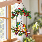 Personalized Hummingbird Couple on Holly Pine Branch Holographic Acrylic Suncatcher