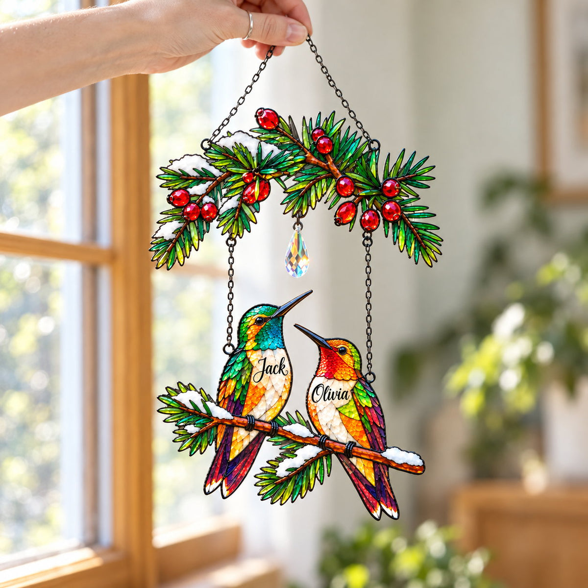 Personalized Hummingbird Couple on Holly Pine Branch Holographic Acrylic Suncatcher
