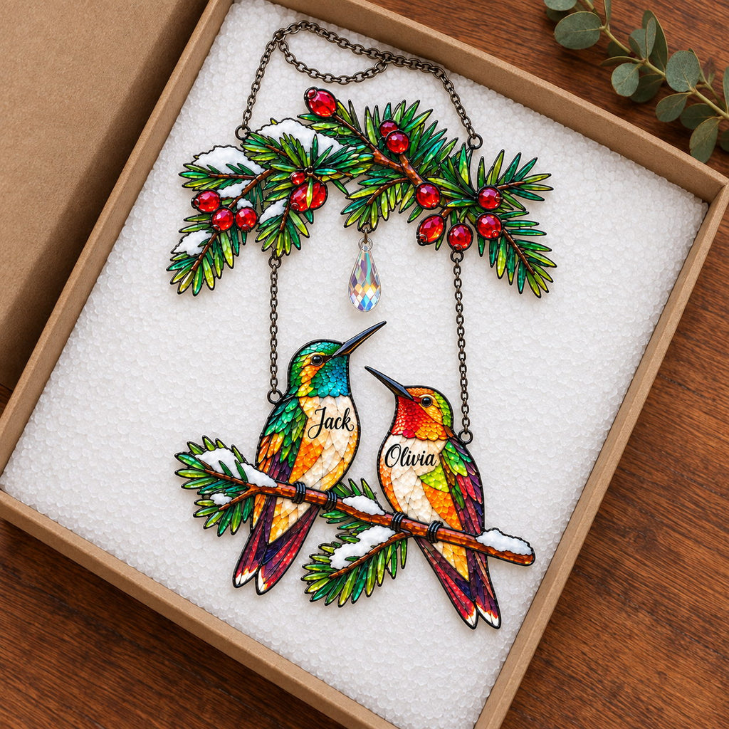 Personalized Hummingbird Couple on Holly Pine Branch Holographic Acrylic Suncatcher
