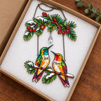 Personalized Hummingbird Couple on Holly Pine Branch Holographic Acrylic Suncatcher